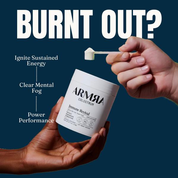 This 1:1 square static ad presents the colostrum powder product as a solution to consumer burnout using clear benefit labeling and a direct hook.